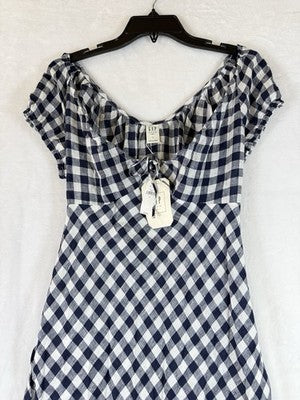 Gap X Doen Dress Small Blue Gingham 100% Linen Midi Short Sleeve Womens New NWT