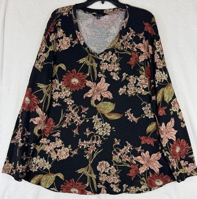 Well Worn Top XXL Womens Black Floral Knit Long Sleeve V Neck