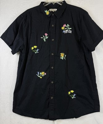 Pacsun Shirt Large Mens Embroidered Flowers Black Short Sleeve Button Up
