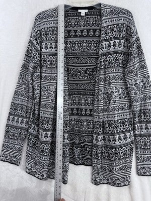 J Jill Small Cardigan Sweater Black White Damask Knit Long Sleeve Womens