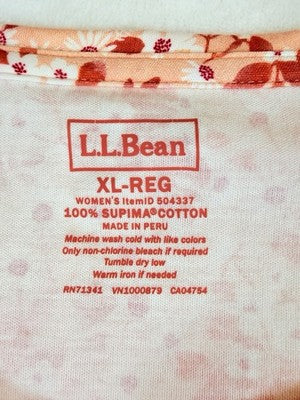 LL Bean Womens XL Pima Cotton Top Shaped 3/4 Sleeve Floral Print Jewel Neck