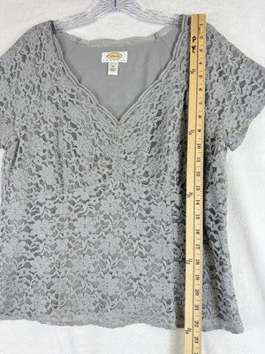 Vintage Talbots Top 14 Petite Gray Lace Overlay Short Sleeve Womens 14P Side Zip