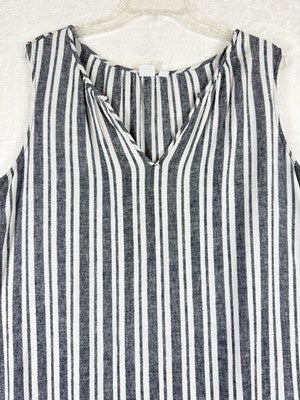 Gap Dress XXL Linen Blend Sleeveless Shift White Blue Stripe Split Neck Women