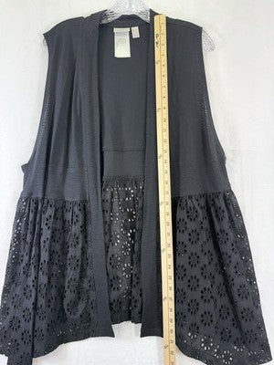 LOGO by Lori Goldstein Eyelet Open Front Sleeveless Cardigan Vest Black Large