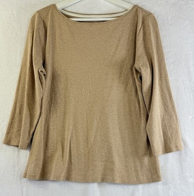The Talbots Tee Large 3/4 Sleeve Tan Beige Womens Knit T Shirt Top 100% Cotton