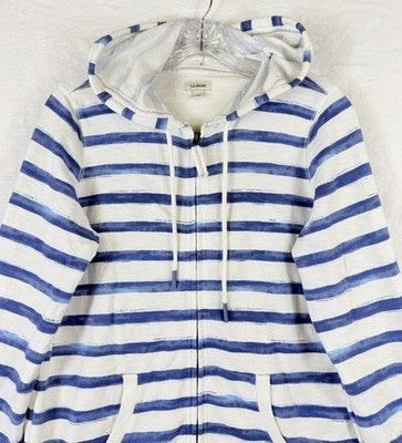 LL Bean Hoodie Women Small Nautical Blue Striped 100% Cotton Sweatshirt Full Zip