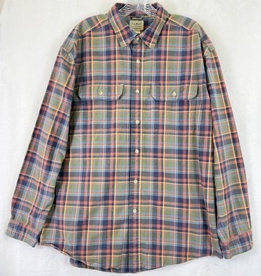 LL Bean Sunwashed Canvas Shirt Large Mens Long Sleeve Green Blue Plaid Button Up