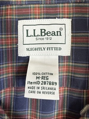 LL Bean Slightly Fitted Shirt Medium Blue Plaid Mens 100% Cotton Button Up Down