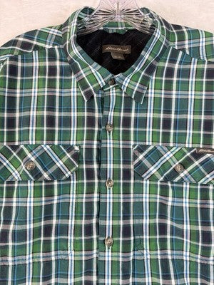 Eddie Bauer XL Short Sleeve Shirt Green Blue Button Up Lightweight