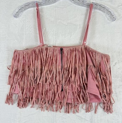 Dance Costume Adult Small Womens Pink Rhinestone Faux Suede Studded Top Fringe