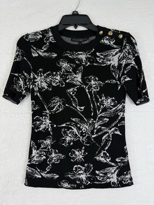 White House Black Market Sweater XS Short Sleeve Floral Gold Buttons Womens