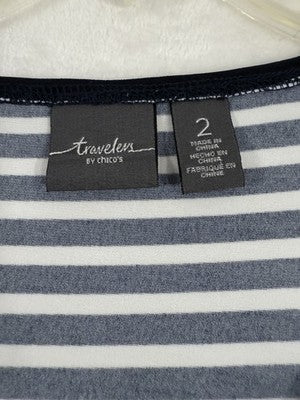 Chicos Travelers Tops Size 2 Large Navy Blue Striped Asymmetrical  3/4 Sleeve