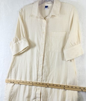 Old Navy Linen Shirt Dress Medium Ivory Shift Short Sleeve Button Front Womens