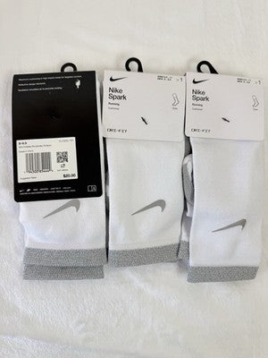 Nike Spark Running Socks Crew White Men 8-9.5 Women 9.5-11 Cushioned Lot New
