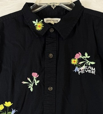 Pacsun Shirt Large Mens Embroidered Flowers Black Short Sleeve Button Up