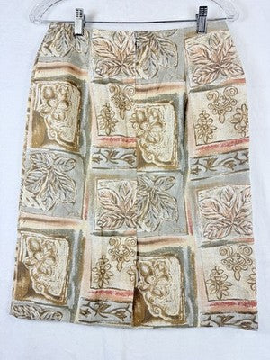 Vintage Womens Skirt 10 Leaf Print Green Tan Pencil 80s 90s Made In USA