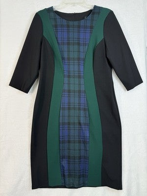 Connected Apparel Dress 8 Black Green Tartan Plaid Pencil Sheath Short Sleeve