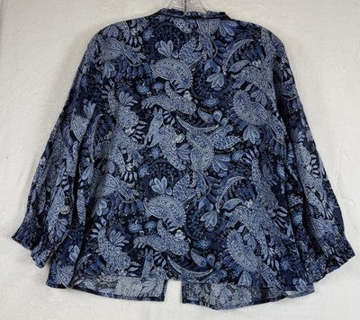 J Jill Medium Petite Tops 100% Linen Blue Floral Long Sleeve Blouse MP