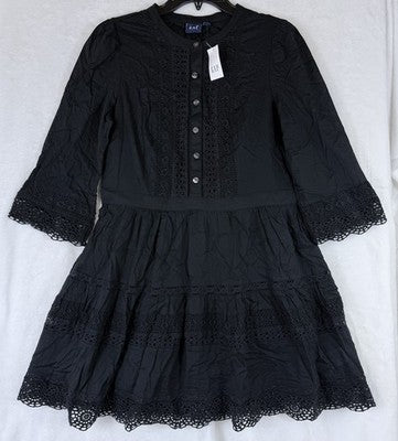 Gap Lace Trim Mini Dress Medium Petite Women Black 3/4 Sleeve Boho Whimsical New