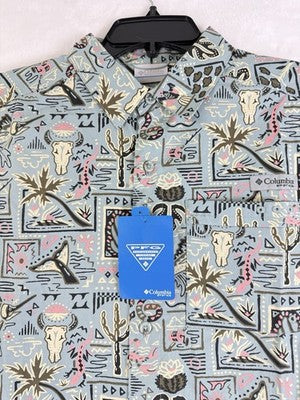 Columbia PFG Shirt Small Mens Short Sleeve Fishing Wild Cast Blue Button Up New