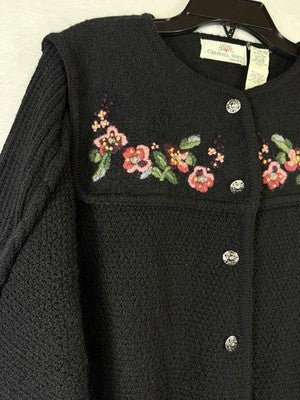 Carroll Reed Wool Cardigan Medium Black Embroidered Flowers Vintage