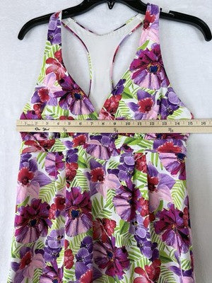 Lands End Tankini Top 8 Flutter Pink Floral Print Swim Swimsuit Womens