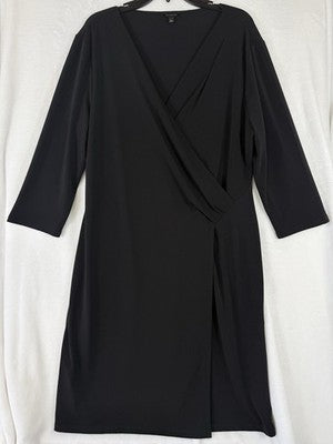 Talbots Dress XL Black Faux Wrap 3/4 Sleeve Midi