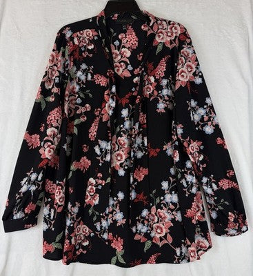 Lane Bryant Top 18 20 Long Sleeve Blouse Black Floral Neck Bow Womens