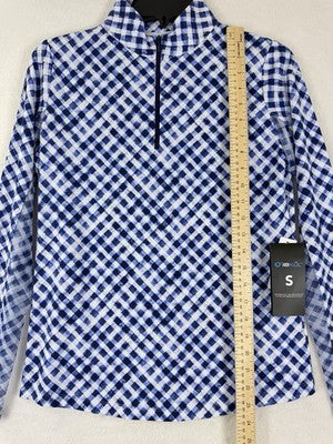 IBKUL Womens Long Sleeve Top Small 1/4 Zip Mock Neck Blue Gingham Check Golf