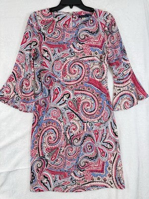 Tommy Hilfiger Dress 8 Bell Sleeve Shear Red Blue Paisley Print Womens