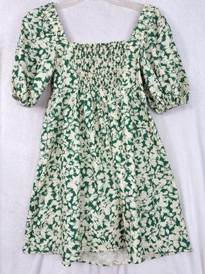 FRNCH Dress Small Met Green Floral Short Smocked Boho Cotton Womens