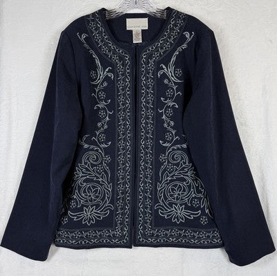 Susan Graver Jacket Large Blue Embroidered Long Sleeve Womens Blazer