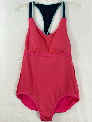Lands End Swimsuit 14 One Piece Racerback Pink Blue V-Neck Swim Suit Womens