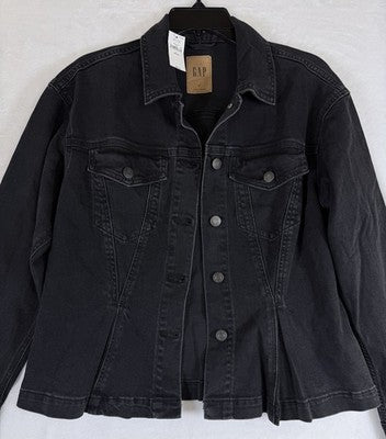 Gap Denim Jacket Women Large Petite Jean Peplum Black Wash New NWT