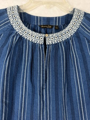 Massimo Dutti Top Womens Small Blue Embroidered Cotton Blouse 3/4 Sleeve Boho