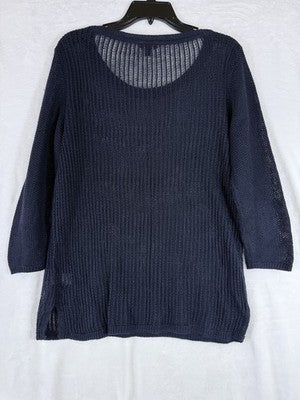 Talbots 100% Linen Top Large Womens Blue Open Knit Sweater 3/4 Sleeve