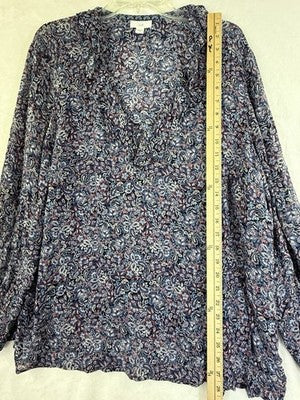 J Jill XL Top V Neck Long Sleeve Ruffle Lightweight Blue Floral Print Rayon