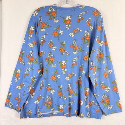 Lands End Relaxed Fit Cotton T Shirt 1X Petite Blue Floral Long Sleeve Knit Tee