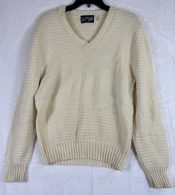 Vintage Ski Sweater Mens Large Made In USA 80s 90s V Neck Ivory Hipster
