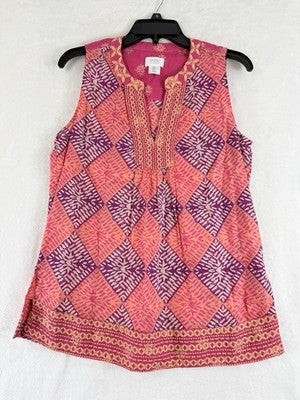 Sigrid Olsen Top Small Tunic Embroidered 100% Cotton Sleeveless Pink Boho Womens