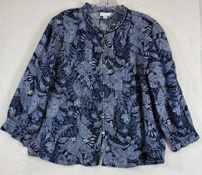 J Jill Medium Petite Tops 100% Linen Blue Floral Long Sleeve Blouse MP