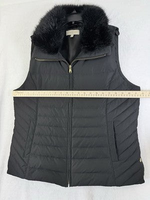 Talbots Down Puffer Vest Womens Large Black Faux Fur Collar Full Zip Quilted