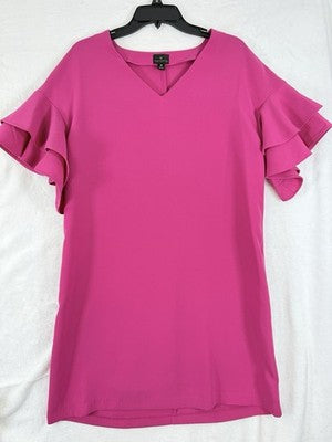 Worthington Dress Medium Barbie Pink Shift Short Ruffle Sleeve Womens