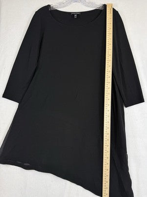 Eileen Fisher Asymmetrical Hem Silk Top Black Small Tunic 3/4 Sleeves Womens