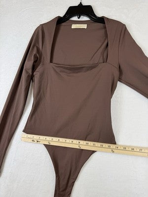 Qinsen Bodysuit Medium Womens Brown Long Sleeve Square Neck