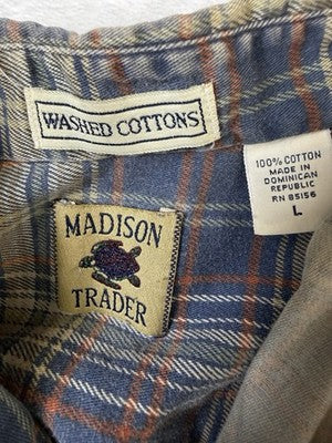 Madison Trader Shirt Large Mens Washed Cottons Blue Plaid Short Sleeve Button Up