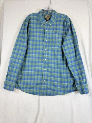 LL Bean Shirt Large Blue Plaid Comfort Stretch Oxford Long Sleeve Button Down