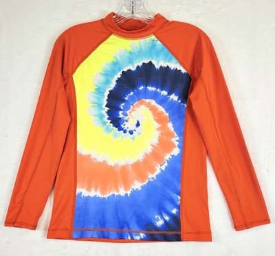 Lands End Rash Guard Boys Large Long Sleeve Swim Shirt Orange Tie Dye Kids