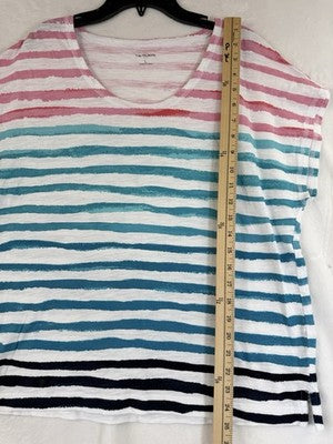 T By Talbots Top Large Tee Short Sleeve Womens Pink Blue Striped 100% Cotton