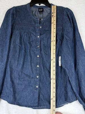 Gap Denim Shirt Womens Small Tops Button Up Blue Puff Sleeve Lace Trim New NWT